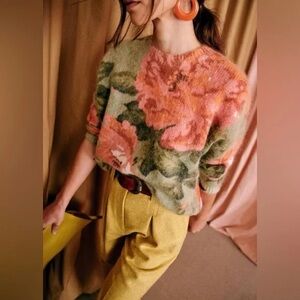 Sezane Floral Fleur Sweater Green and pink